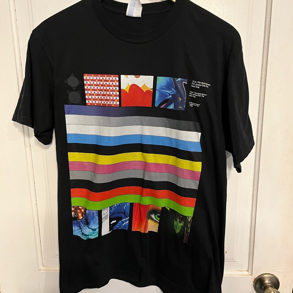 Eclectic printer’s sample tee shirt black with multiple graphics unisex M